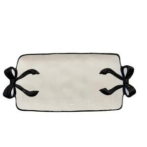 Hand Painted BLACK BOW Ceramic Serving Tray 12in Holiday Glam New